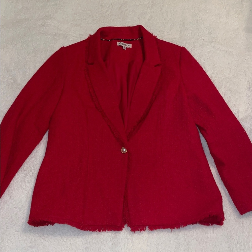 Nanette Lepore Vibrant Red Blazer. Fringe Detail. Lined. Gold & Pearl Button. 12